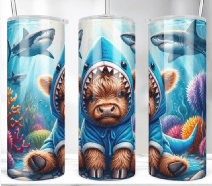 20 oz Tumbler Shark Highland Cow Design