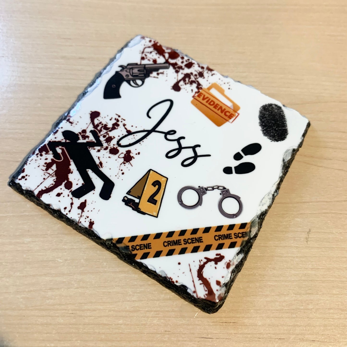 Personalised Crime Scene Slate Coaster, Criminology Teacher Gift, Police Officer