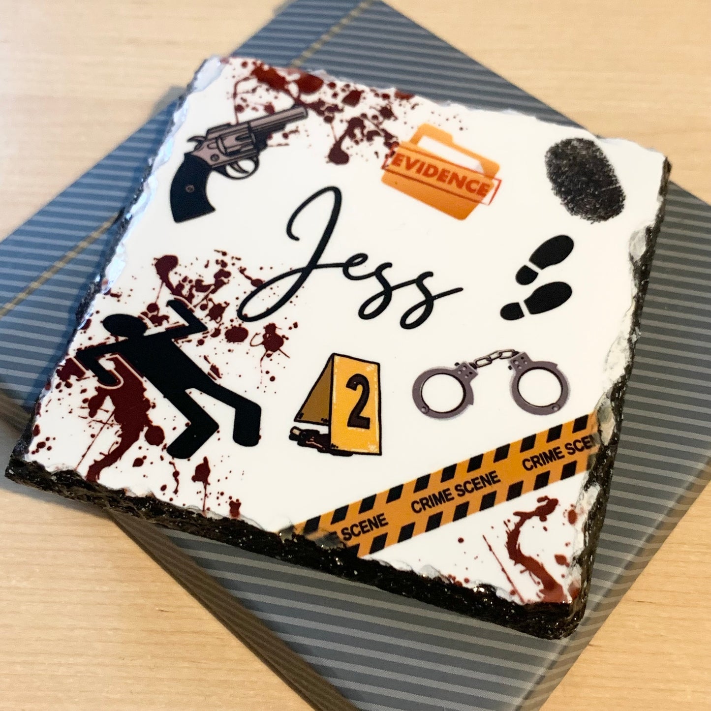 Personalised Crime Scene Slate Coaster, Criminology Teacher Gift, Police Officer