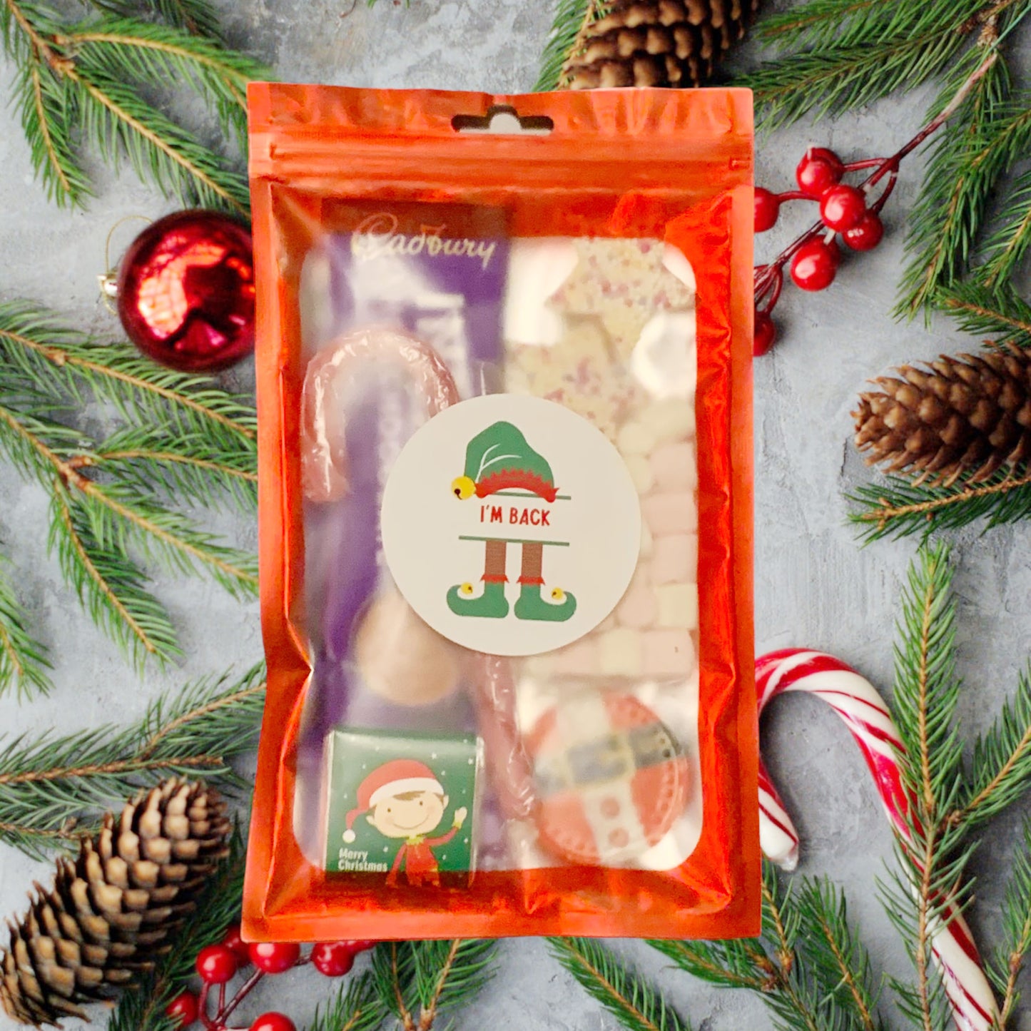 Personalised Christmas Hot Chocolate Treat Pouch, Christmas Eve Box fillers, Stocking Fillers - Elf I'm Back Design