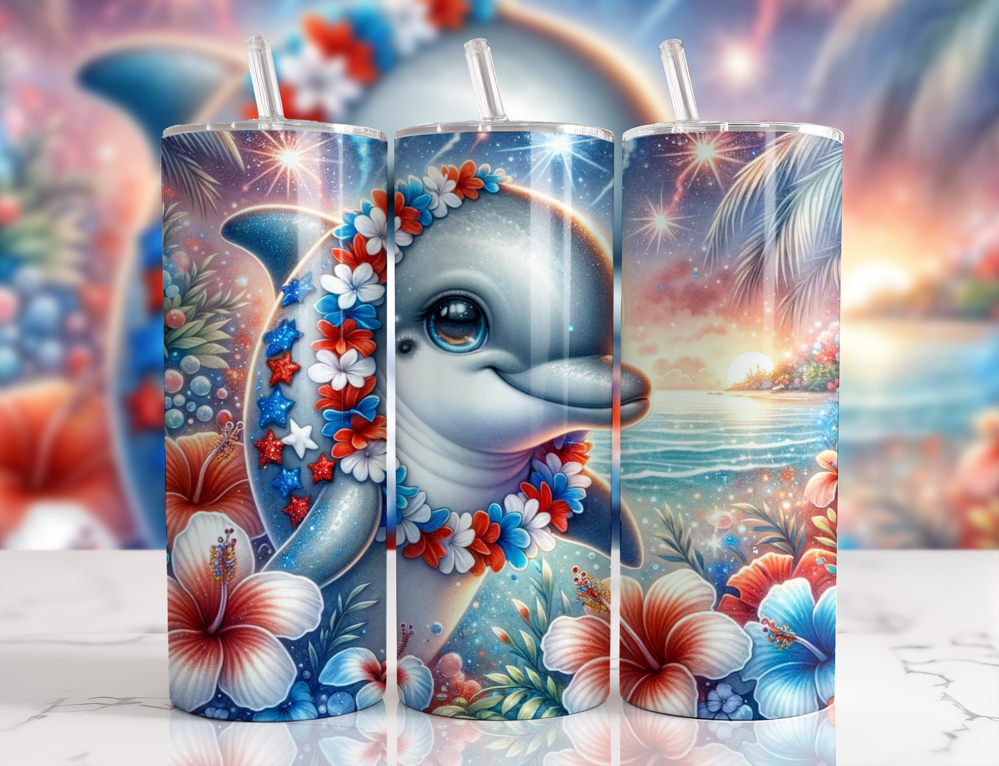 Dolphin 3D, 20oz Tumbler, 600ml, Stainless Steel, Metal Straw, Insulated, BPA-FREE