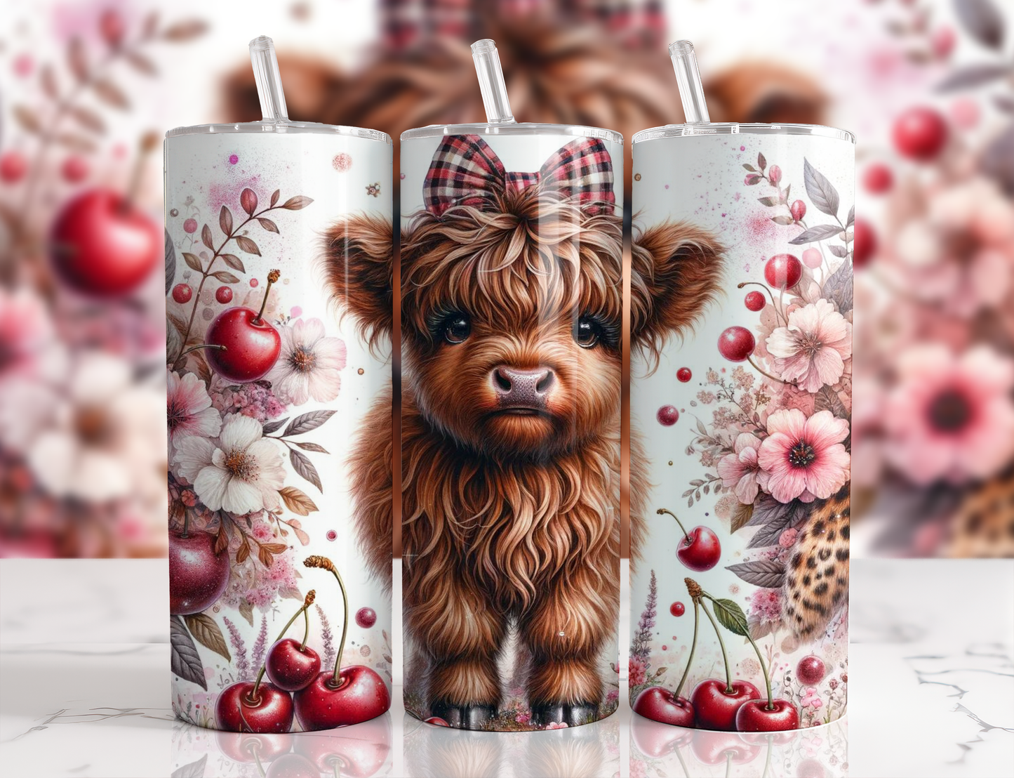 20 oz Tumbler Cherries, Highland Cow Design