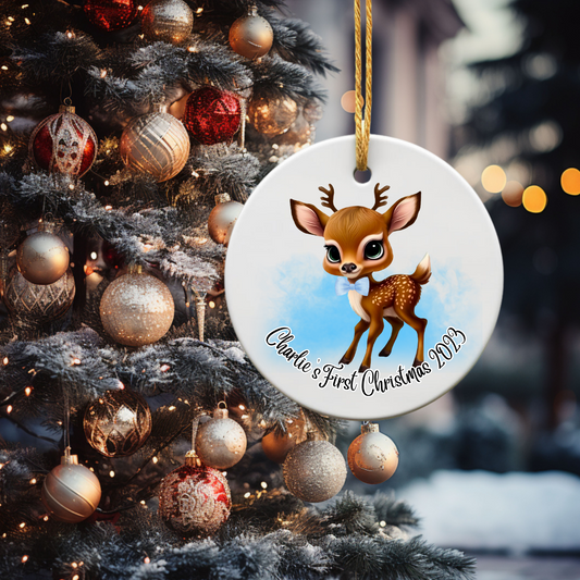 Personalised First Christmas Decoration, Boy Reindeer Keepsake