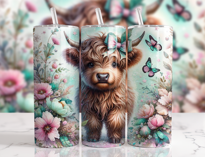 20 oz Tumbler Pink and Teal Flowers Highland Cow Design