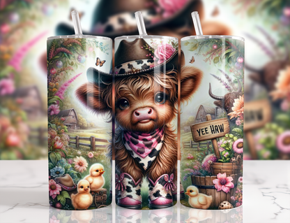 Highland Cow, Cowboy Design, 20oz Tumbler, 600ml, Stainless Steel, Metal Straw, Insulated, BPA-FREE