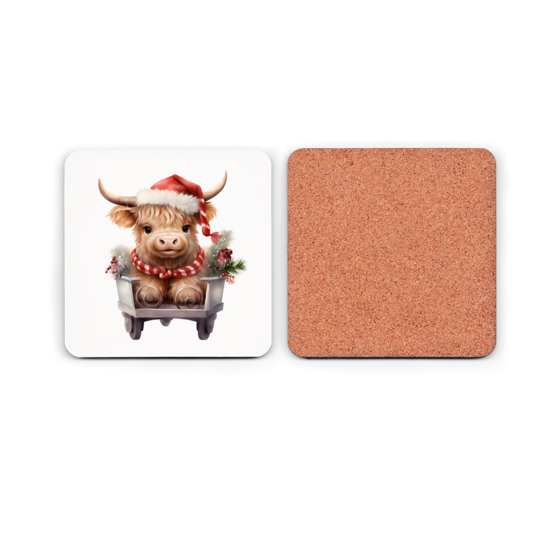 Christmas Highland Cow in Cart Cork Coaster