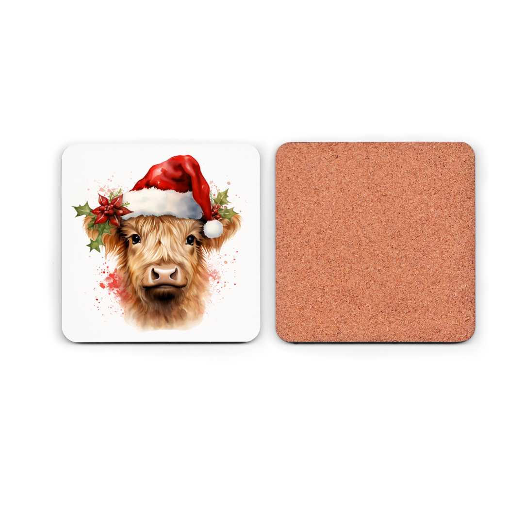 Christmas Highland Cow  Cork Coaster