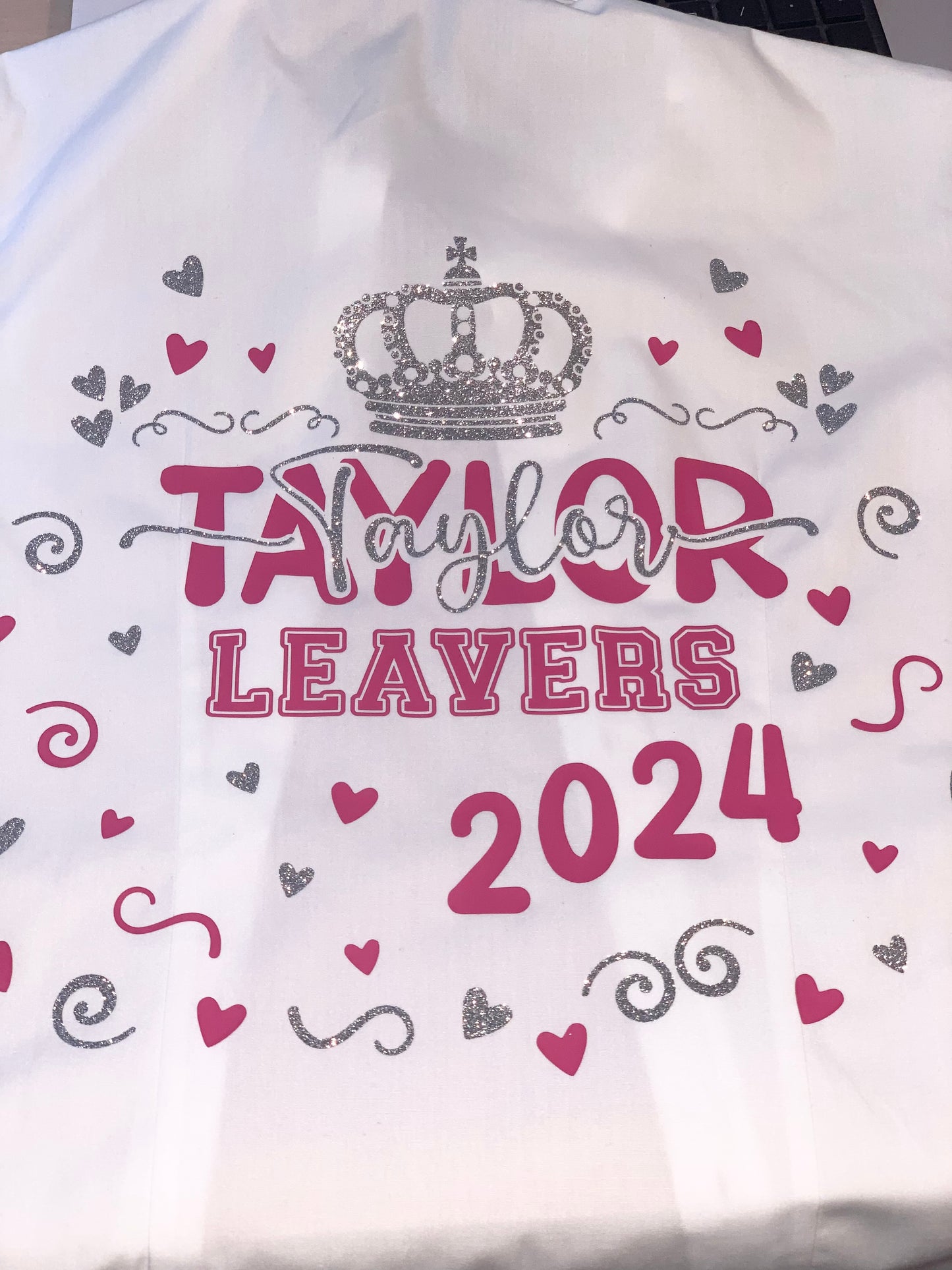 Class of 2024 Girls Glitter Leavers Shirt, Crown Design with Hearts and Swirls