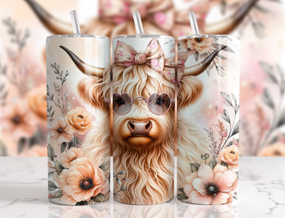 Peach Highland Cow, 20oz Tumbler, 600ml, Stainless Steel, Metal Straw, Insulated, BPA-FREE