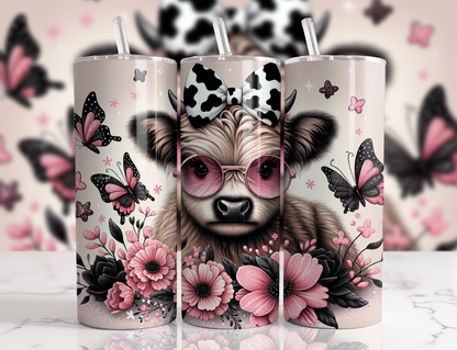 20 oz Tumbler Butterfly and Flowers Highland Cow Design