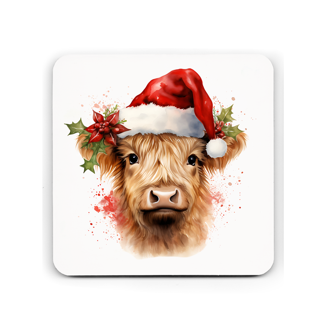 Christmas Highland Cow  Cork Coaster