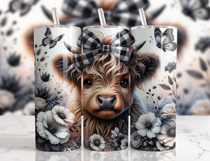 20 oz Tumbler Black Check Bow, Highland Cow Design