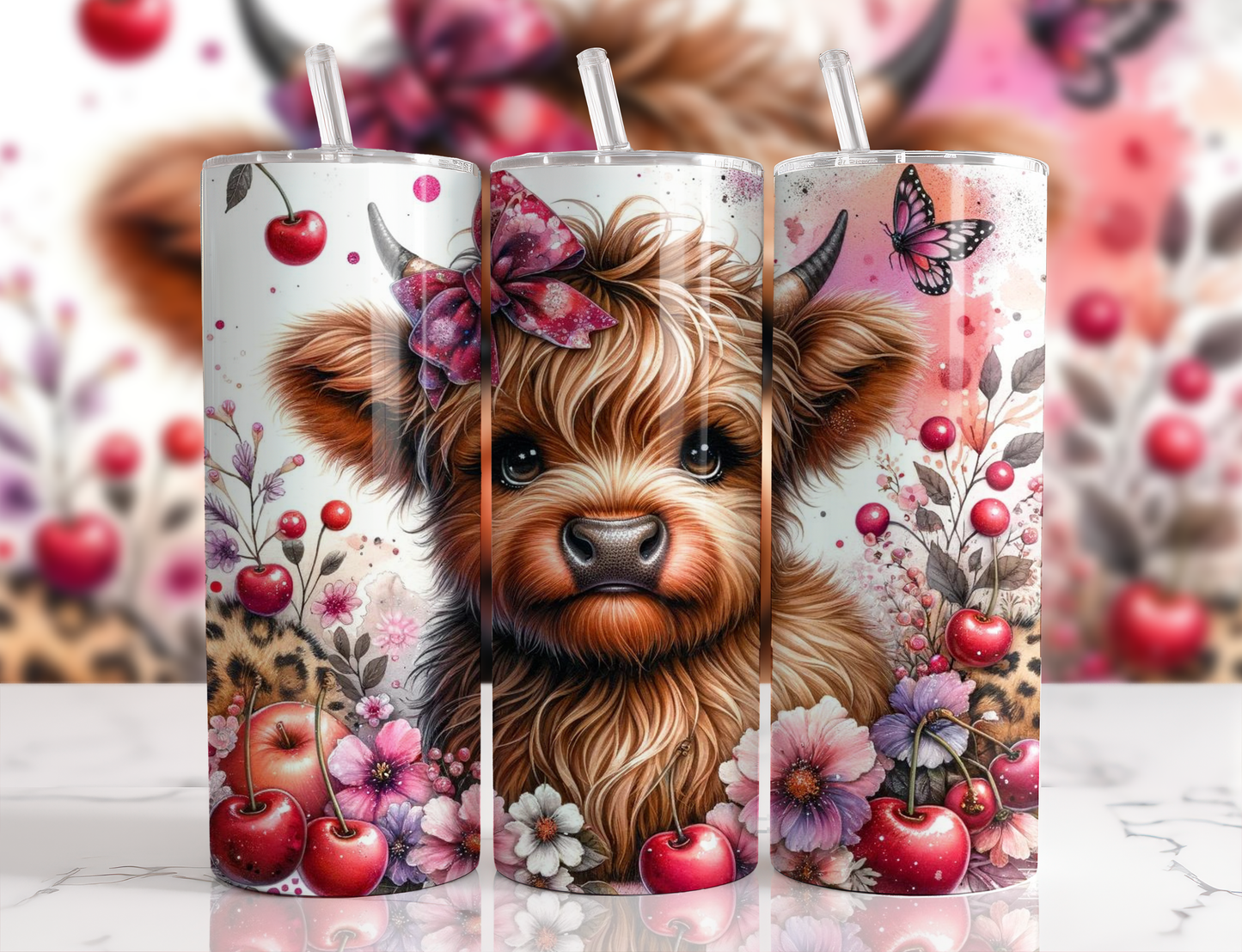 20 oz Tumbler Cherries, Highland Cow Design