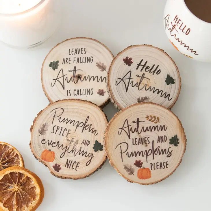 Hello Autumn Wood Slice Coaster Set For Fall