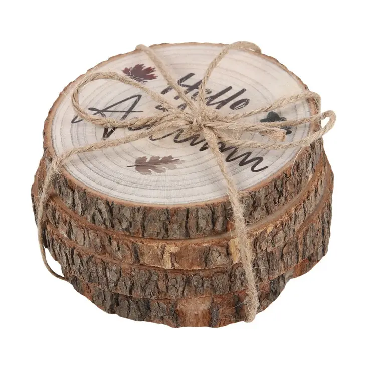 Hello Autumn Wood Slice Coaster Set For Fall