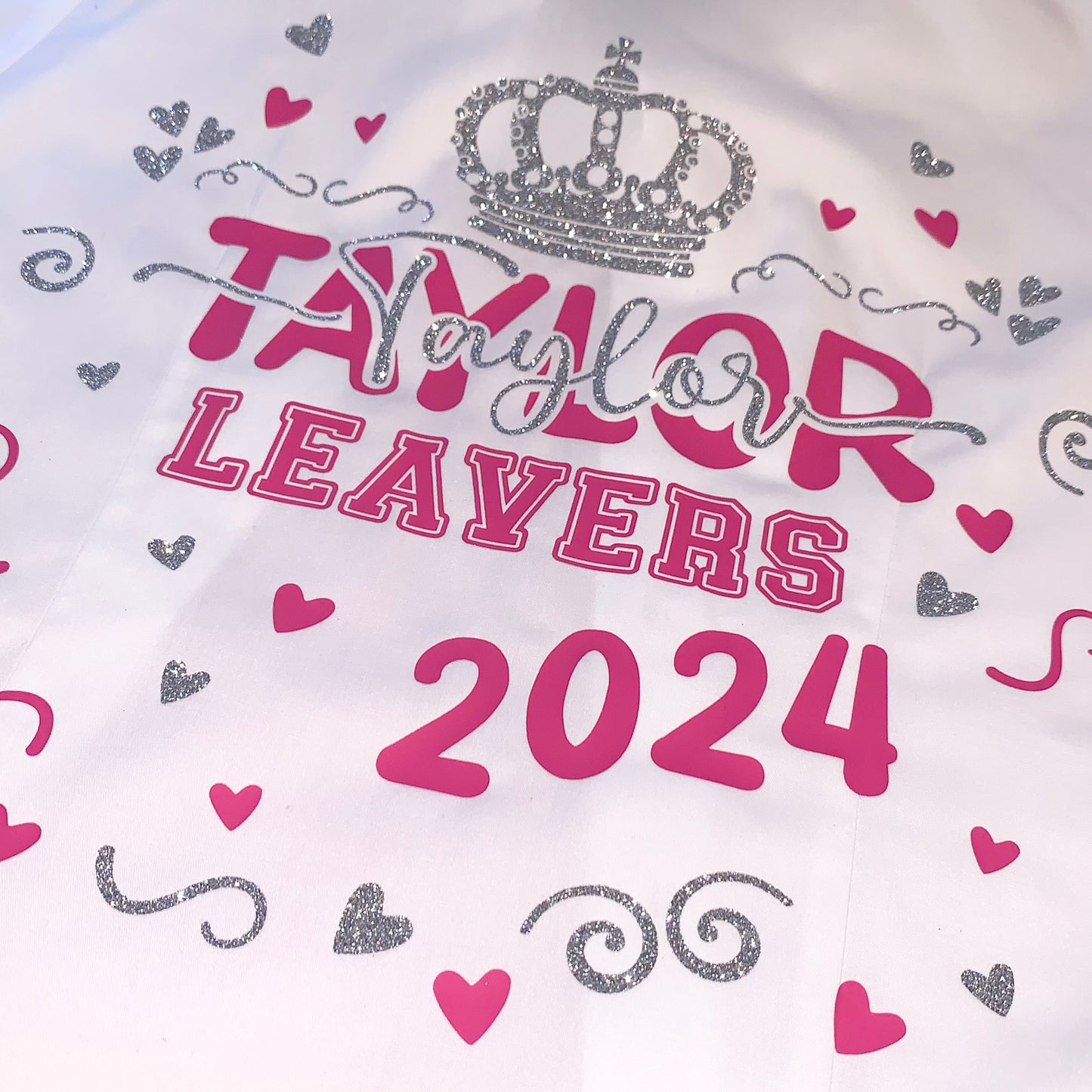 Class of 2024 Girls Glitter Leavers Shirt, Crown Design with Hearts and Swirls