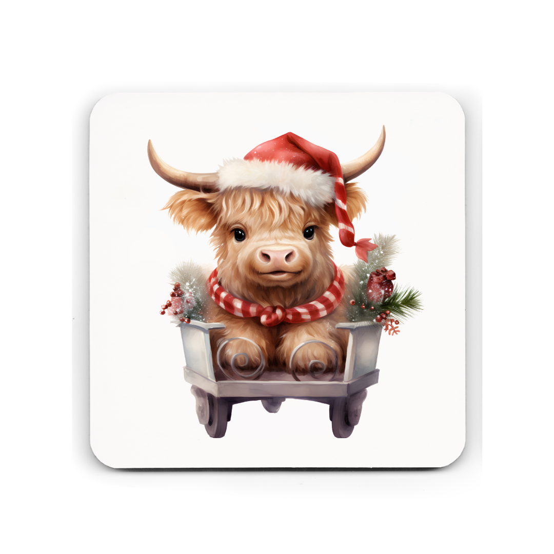 Christmas Highland Cow in Cart Cork Coaster