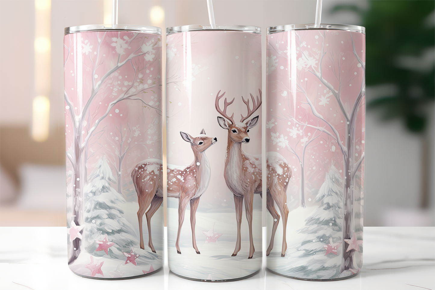 20 oz Tumbler Snowy-Deer-Pink-Christmas-Tumbler (Ref D67)