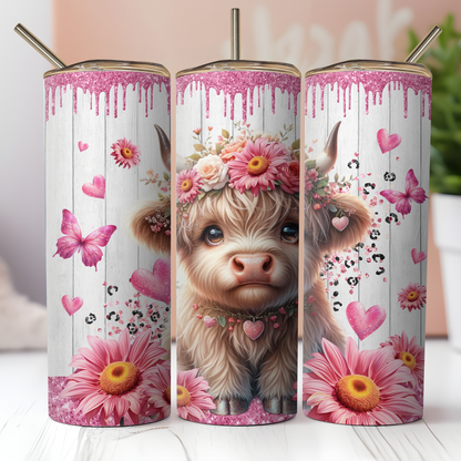 Pink Heart Necklace Highland Cow, 20oz Tumbler, 600ml, Stainless Steel, Metal Straw, Insulated, BPA-FREE