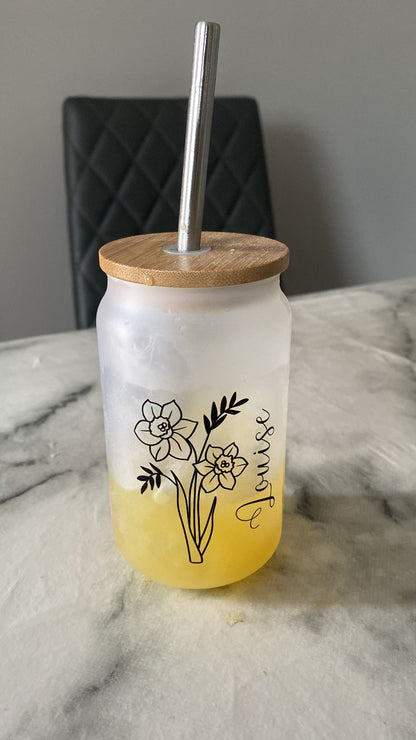 Personalised Frosted Glass Tumbler with Bamboo Lid/Birth Flower Design