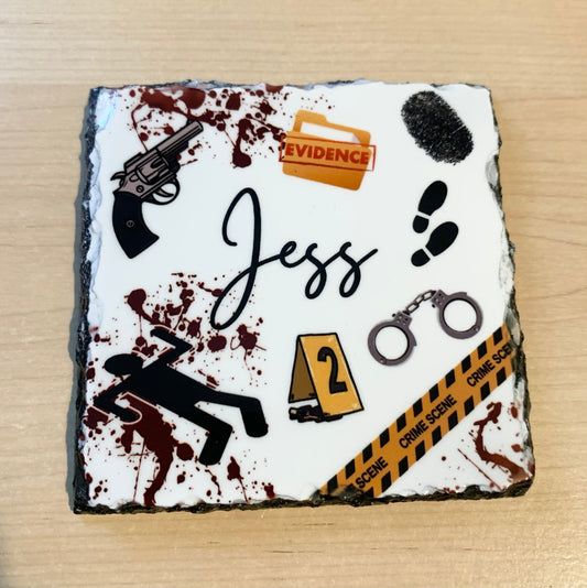 Personalised Crime Scene Slate Coaster, Criminology Teacher Gift, Police Officer