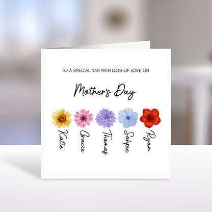 Happy Mother's Day Card, Individual Flowers, Personalised