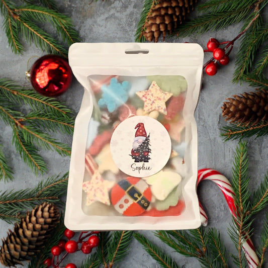 Personalised Christmas Sweet Mix, Treat Pouch, Christmas Eve Box fillers, Stocking Fillers - Snowflake Gonk