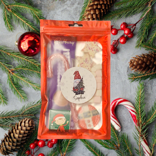 Personalised Christmas Hot Chocolate Treat Pouch, Christmas Eve Box fillers, Stocking Fillers - Snowflake Gonk  Design