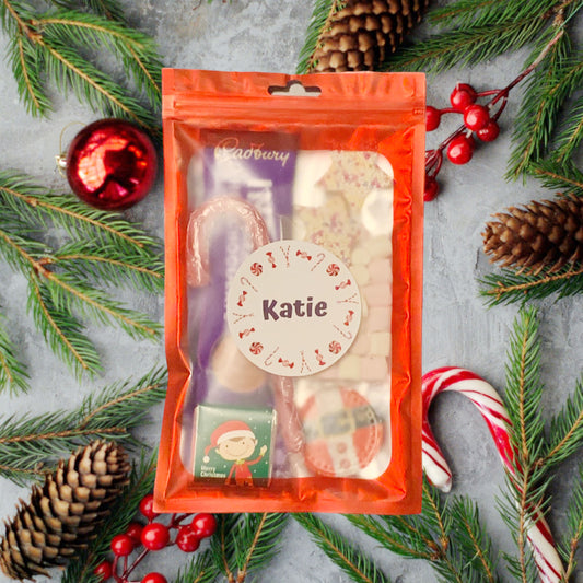 Personalised Christmas Hot Chocolate Treat Pouch, Christmas Eve Box fillers, Stocking Fillers - Candy Cane Design