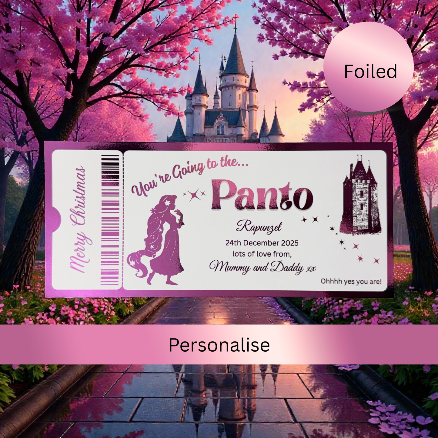 Foiled 'Rapunzel' Panto Ticket:  Christmas gift, Theatre trip, Foil ticket, Surprise reveal