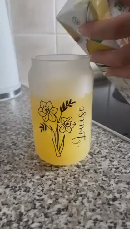 Personalised Frosted Glass Tumbler with Bamboo Lid/Birth Flower Design