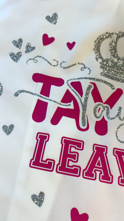 Class of 2024 Girls Glitter Leavers Shirt, Crown Design with Hearts and Swirls